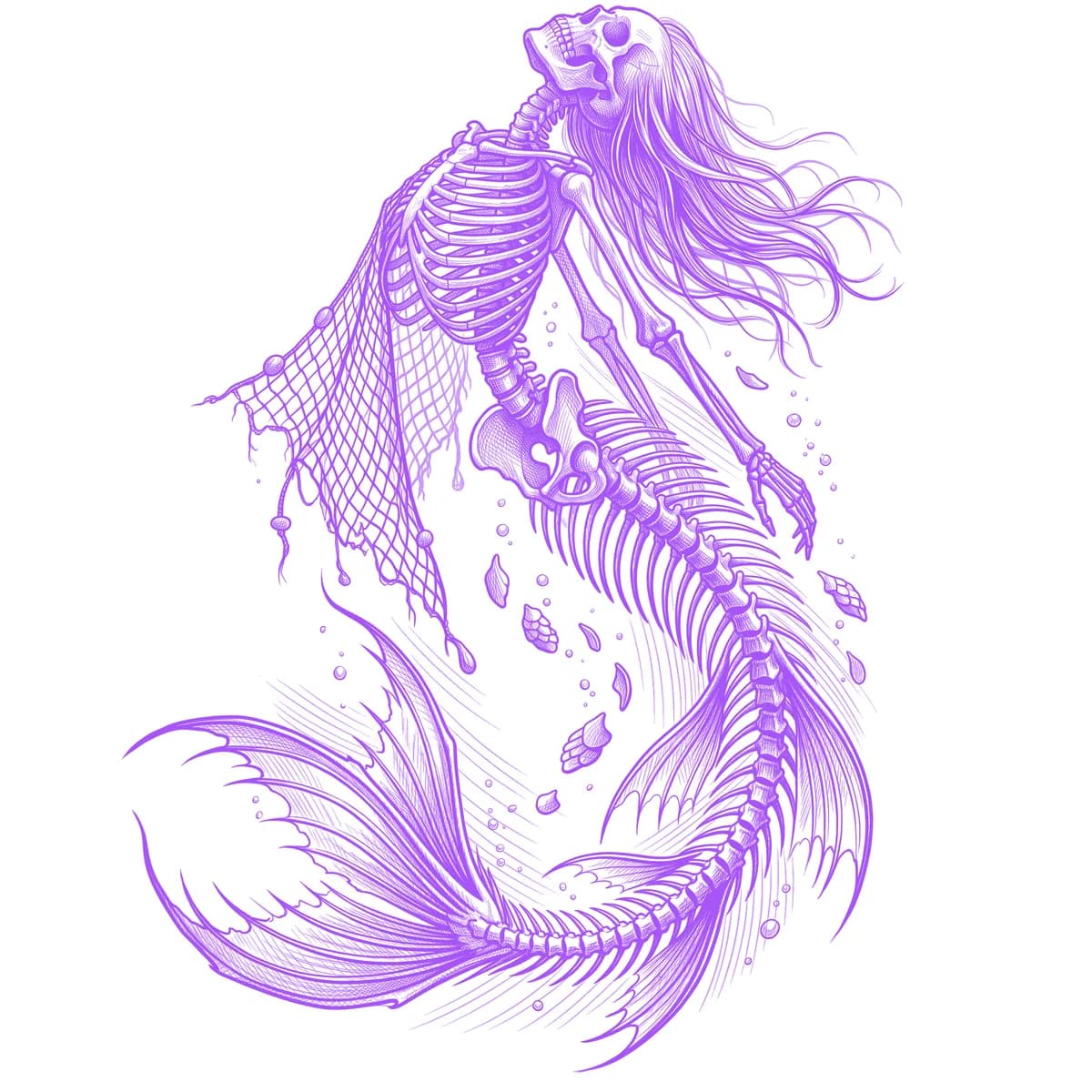 Skeleton Mermaid Tattoo Stencil