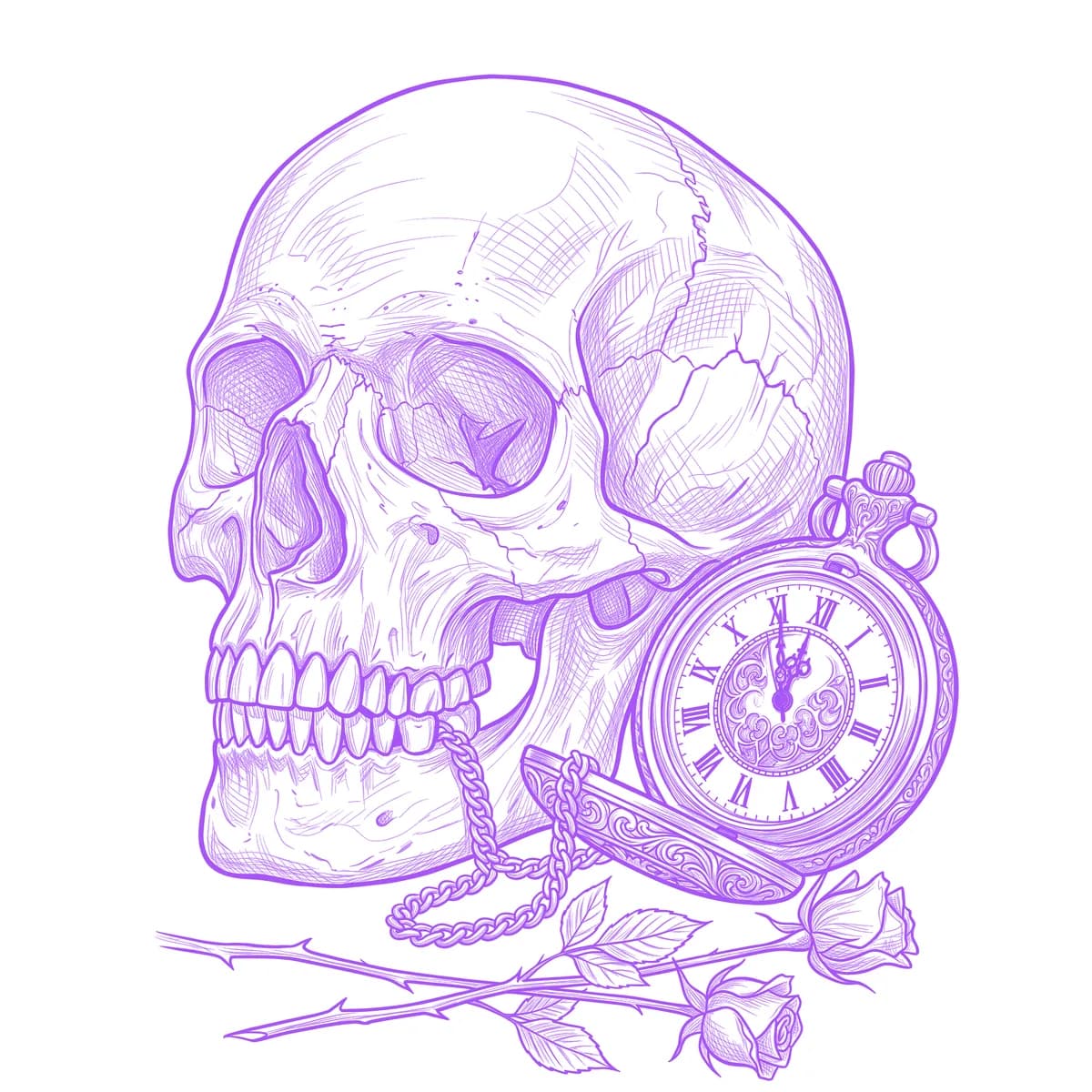 Skull and Clock Tattoo Stencil
